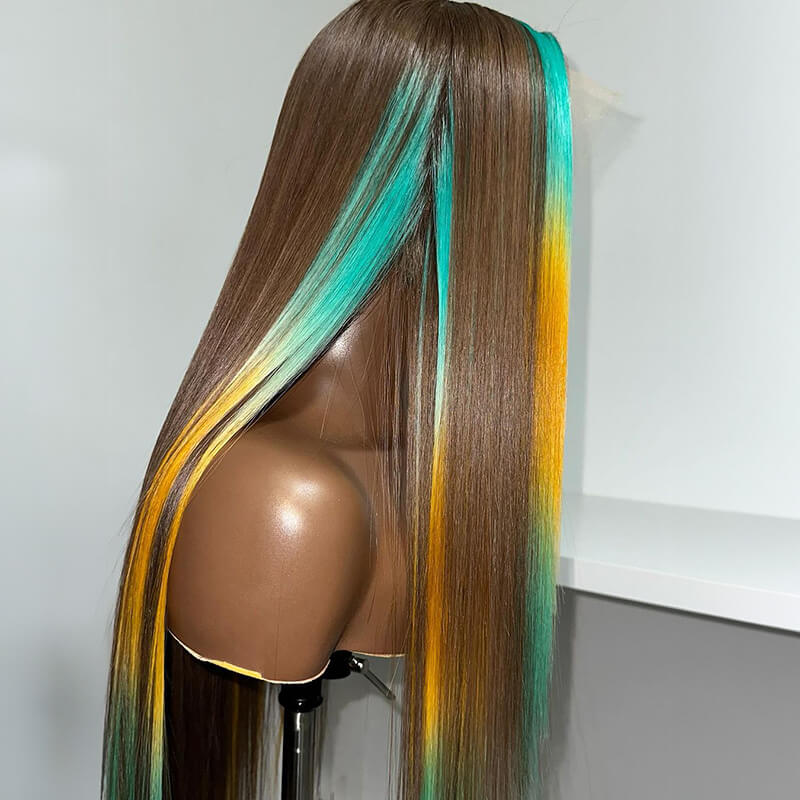 Limited Design Chocolate Brown With Highlight Yellow & Green 13x4 Lace Front Wig Multi Color Wigs