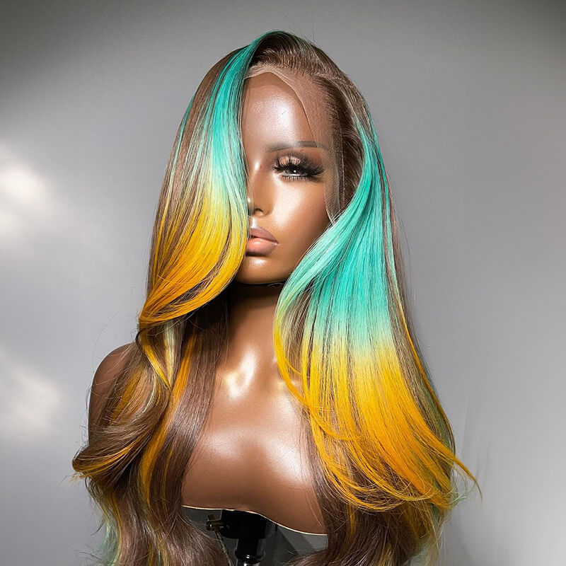 Limited Design Chocolate Brown With Highlight Yellow & Green 13x4 Lace Front Wig Multi Color Wigs