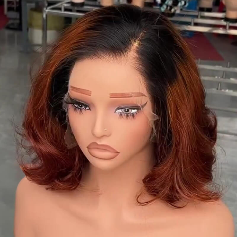Copper Auburn Body Wave Bob Wig with Dark Roots Glueless 13x4 HD Lace Front Wig