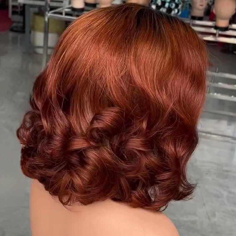 Copper Auburn Body Wave Bob Wig with Dark Roots Glueless 13x4 HD Lace Front Wig