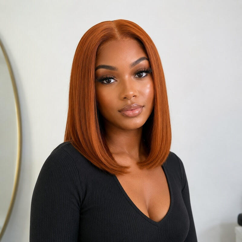 Copper Ginger Straight Bob Wig 13X4 Full Lace Front Glueless Human Hair Wig
