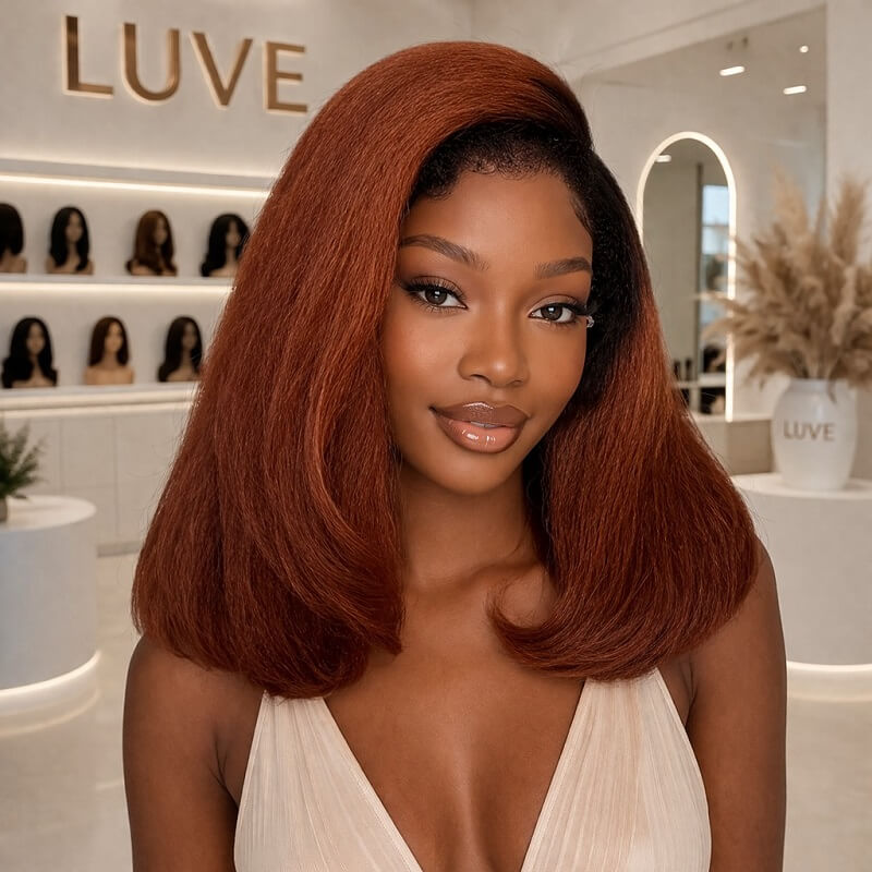 Copper Kinky Straight Glueless Bob with 4C Edges 5x5 HD Lace Closure Wig Natural Hairline