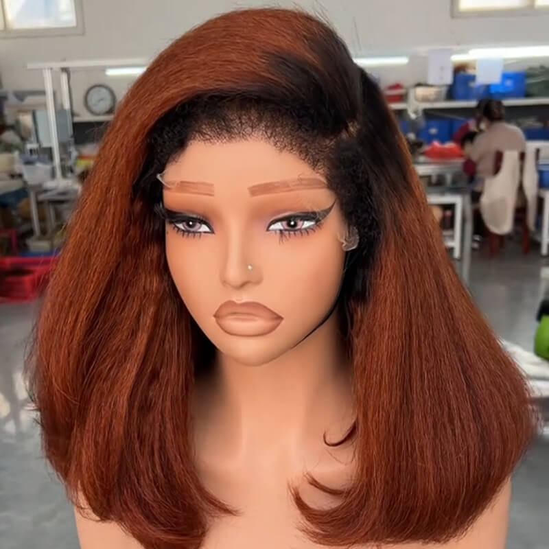 Copper Kinky Straight Glueless Bob with 4C Edges 5x5 HD Lace Closure Wig Natural Hairline