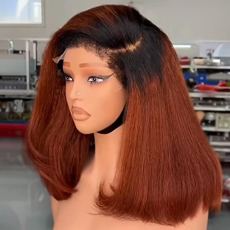 Copper Kinky Straight Glueless Bob with 4C Edges 5x5 HD Lace Closure Wig Natural Hairline