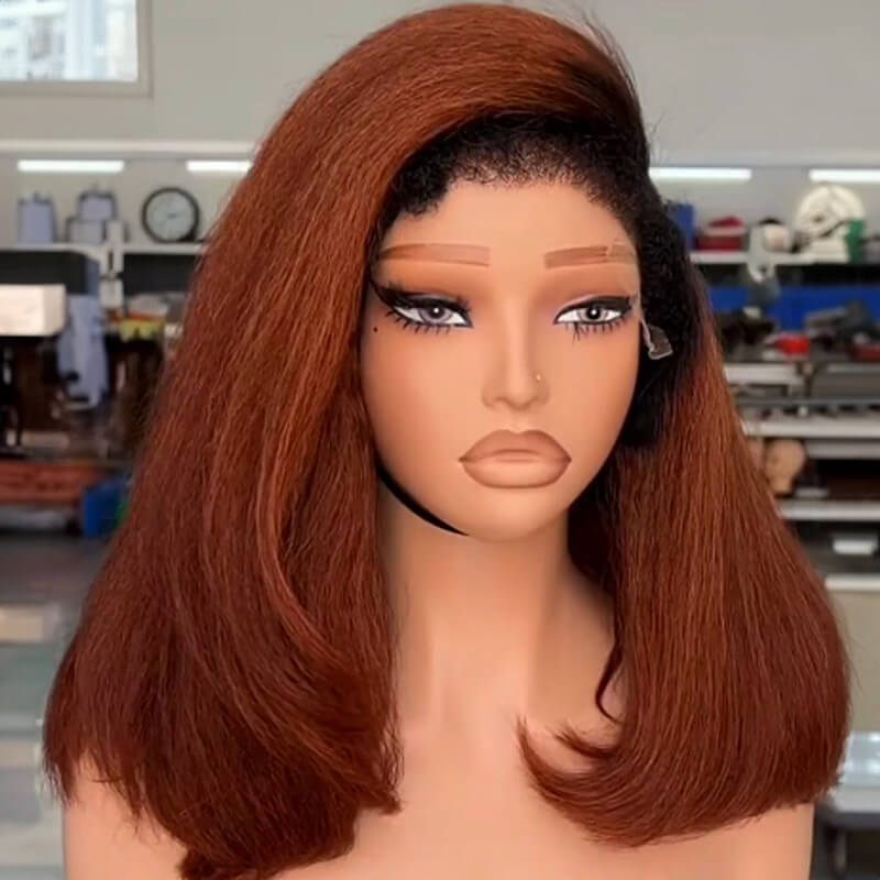 Copper Kinky Straight Glueless Bob with 4C Edges 5x5 HD Lace Closure Wig Natural Hairline