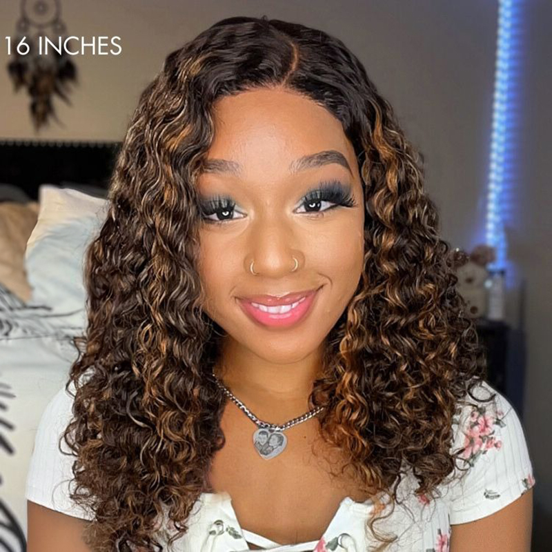 Curly Brown Highlights Glueless 5x5 Closure Lace Wigs Beginner Friendly