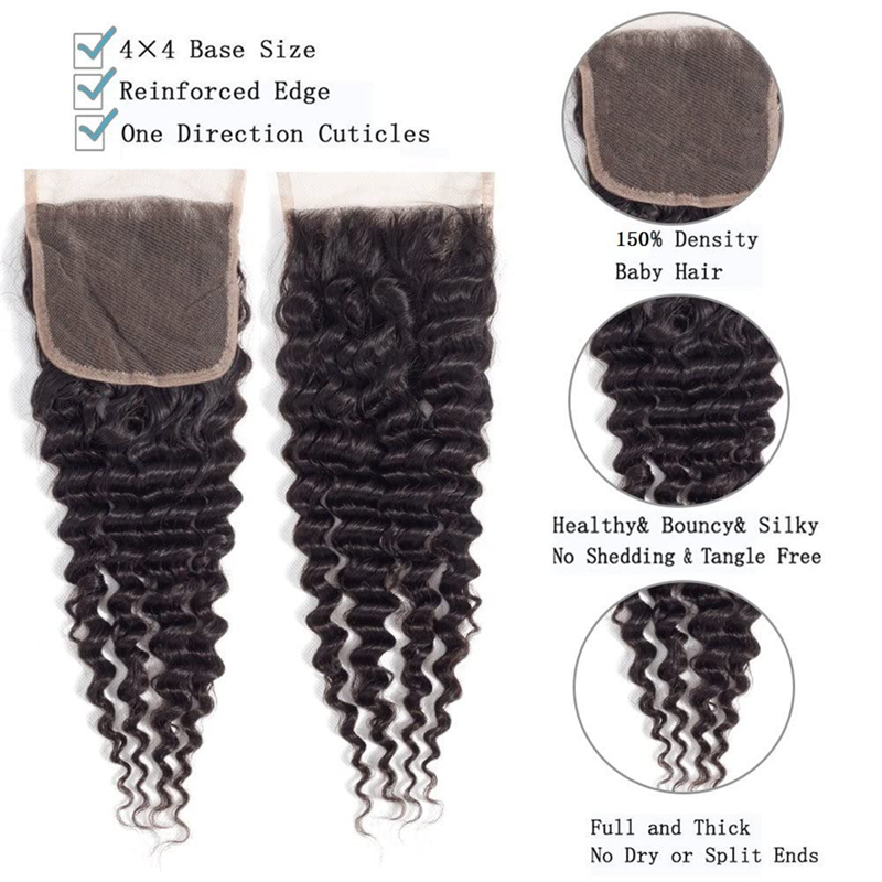 Deep Wave 3 Bundles with 4X4 Lace Closure Free Part Virgin Human Hair