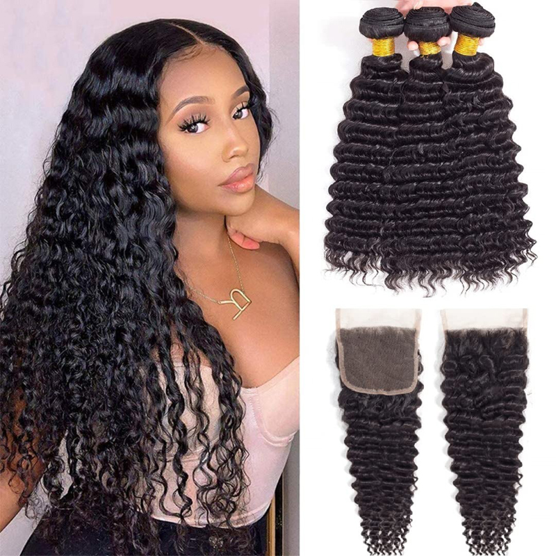 Deep Wave 3 Bundles with 4X4 Lace Closure Free Part Virgin Human Hair