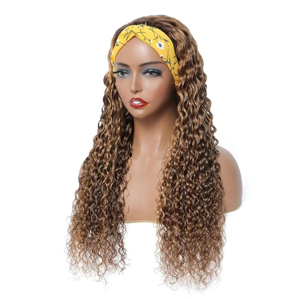 Deep Wave Headband Wig Human Hair Highlight #4/27 Machine Made Wig