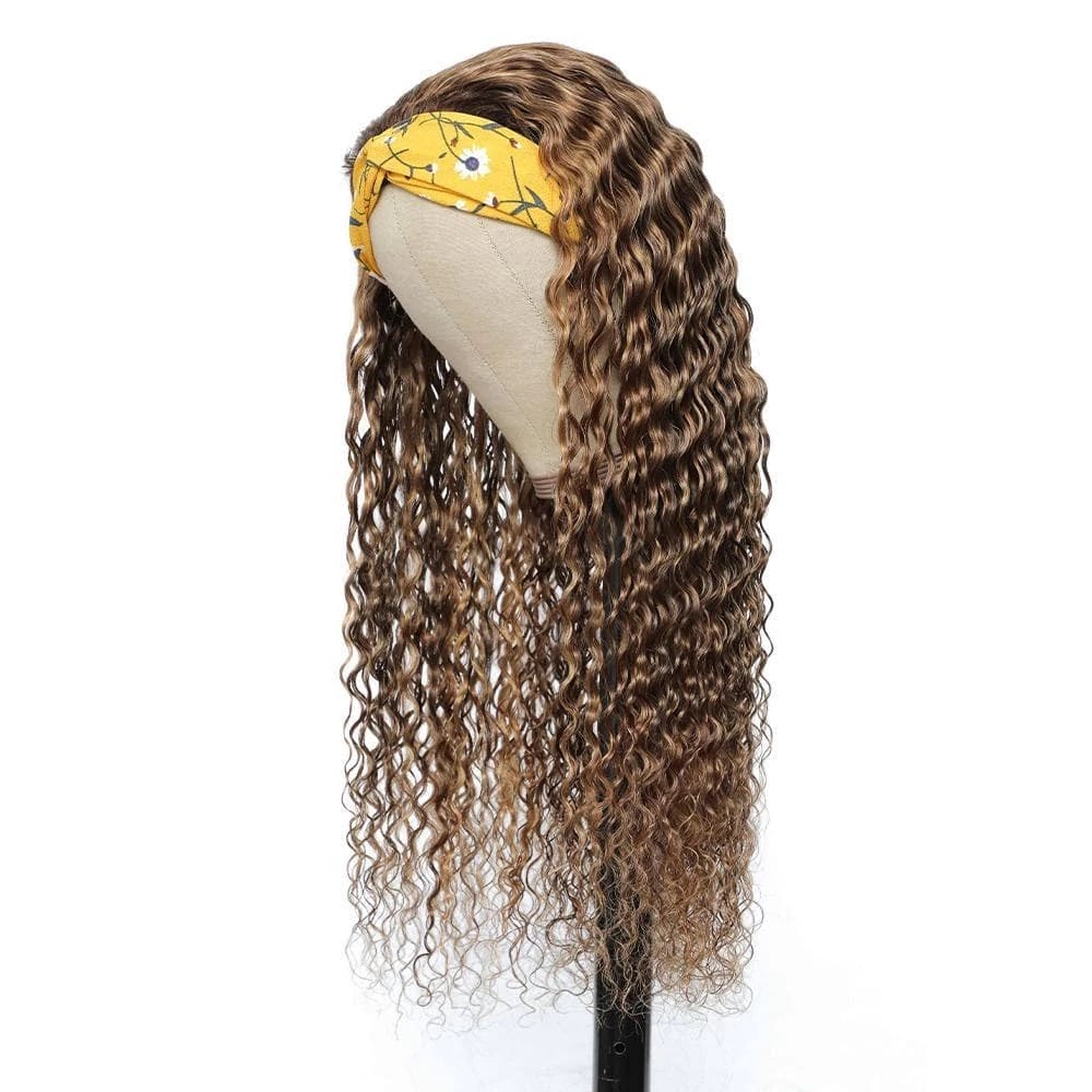 Deep Wave Headband Wig Human Hair Highlight #4/27 Machine Made Wig