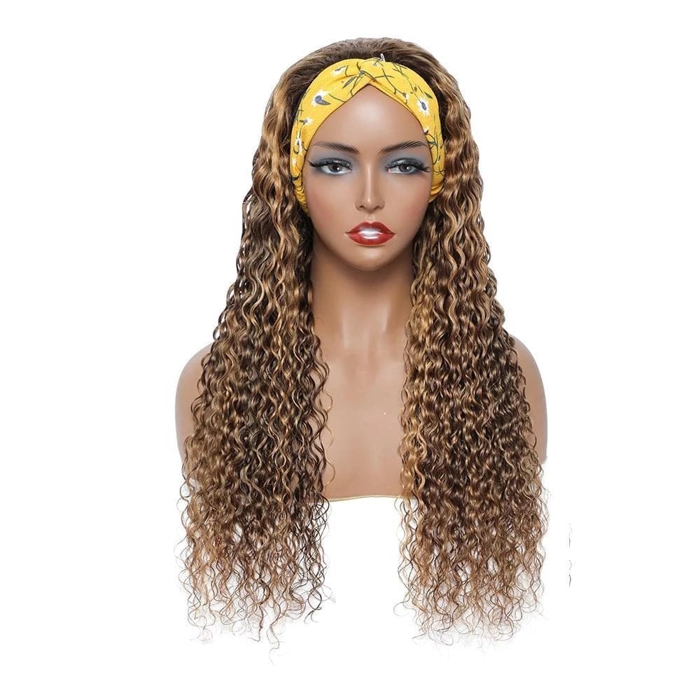 Deep Wave Headband Wig Human Hair Highlight #4/27 Machine Made Wig