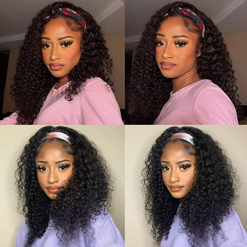 Deep Wave Headband Wigs Human Hair None Lace Wigs 150% Density Throw On & Go