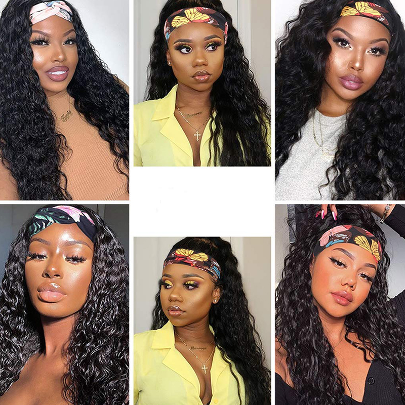 Deep Wave Headband Wigs Human Hair None Lace Wigs 150% Density Throw On & Go
