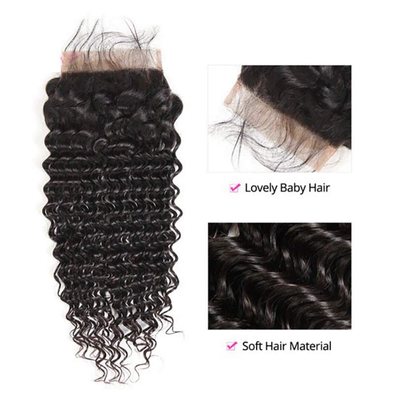 Deep Wave Human Hair 6x6 Inch Lace Closure Pre-Plucked With Baby Hair