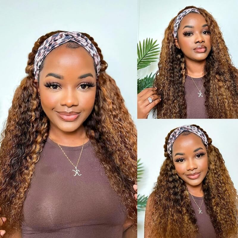 Deep Wave Headband Wig Human Hair Highlight #4/27 Machine Made Wig