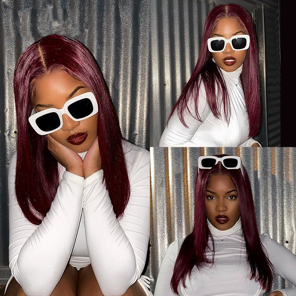 Front Lace Wig Burgundy 99J Human Hair Straight Wig with Natural Hairline