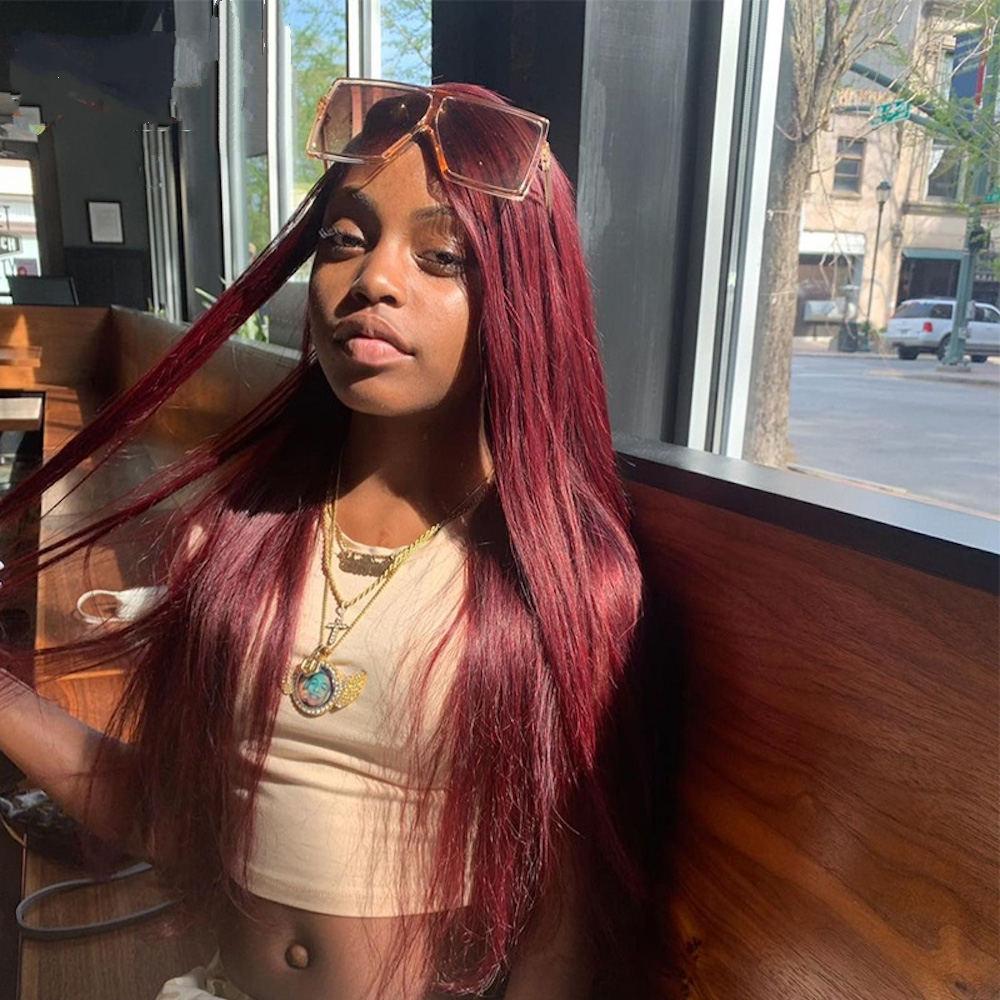 Front Lace Wig Burgundy 99J Human Hair Straight Wig with Natural Hairline