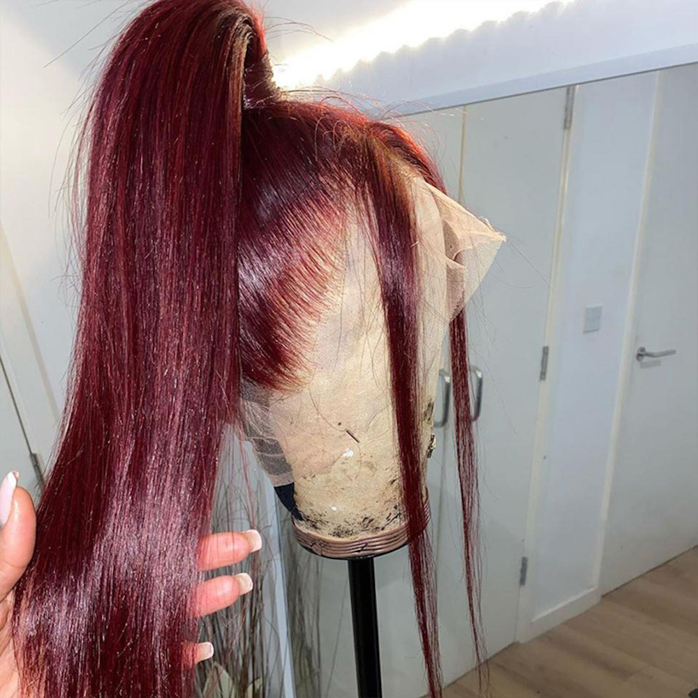 Front Lace Wig Burgundy 99J Human Hair Straight Wig with Natural Hairline