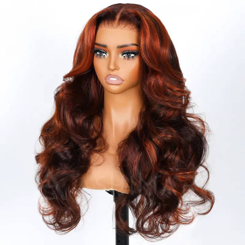 Ginger Highlights On Brown Body Wave Wig 360 Lace Invisi Drawstring Wig