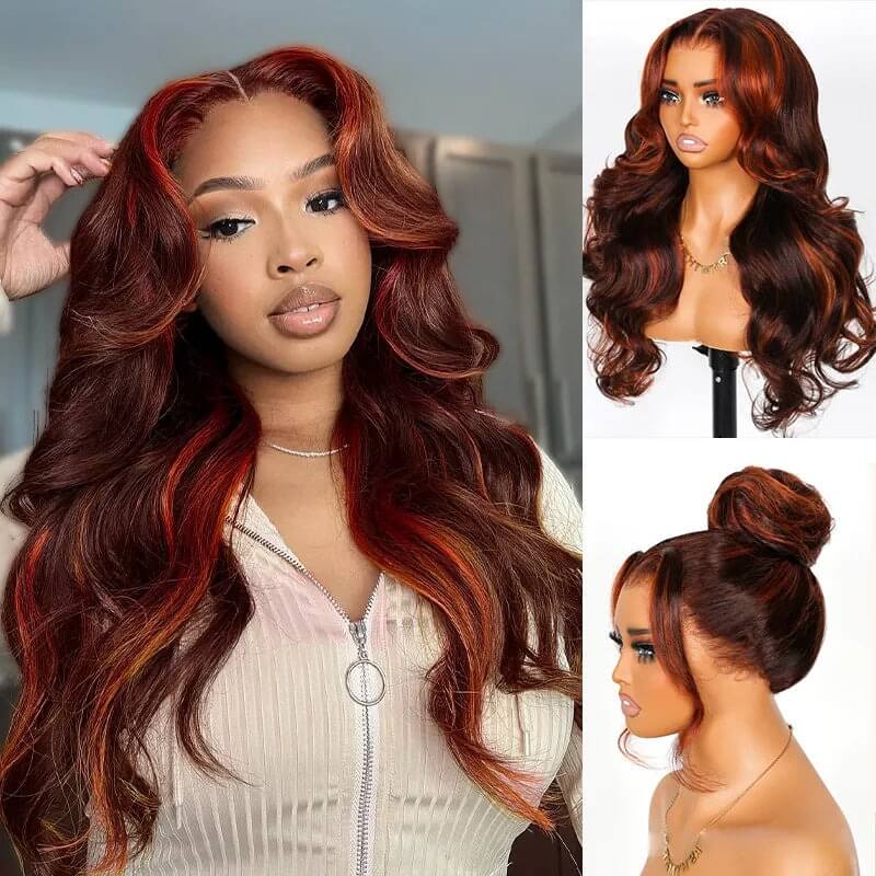 Ginger Highlights On Brown Body Wave Wig 360 Lace Invisi Drawstring Wig