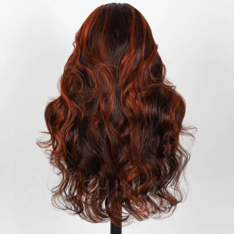 Ginger Highlights On Brown Body Wave Wig 360 Lace Invisi Drawstring Wig