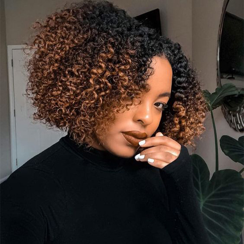 Glueless V Part Wigs Kinky Curly Short Bob Brown Hair with Dark Roots