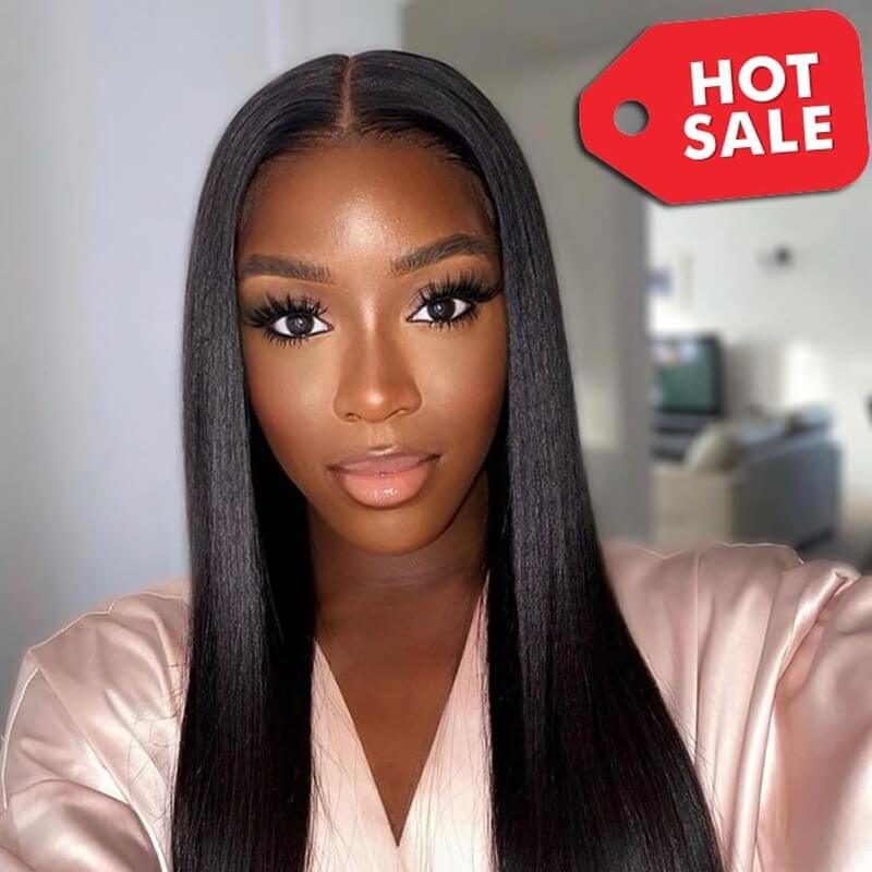 Glueless V Part Wigs Relaxed Yaki Straight Human Hair None Lace Wigs