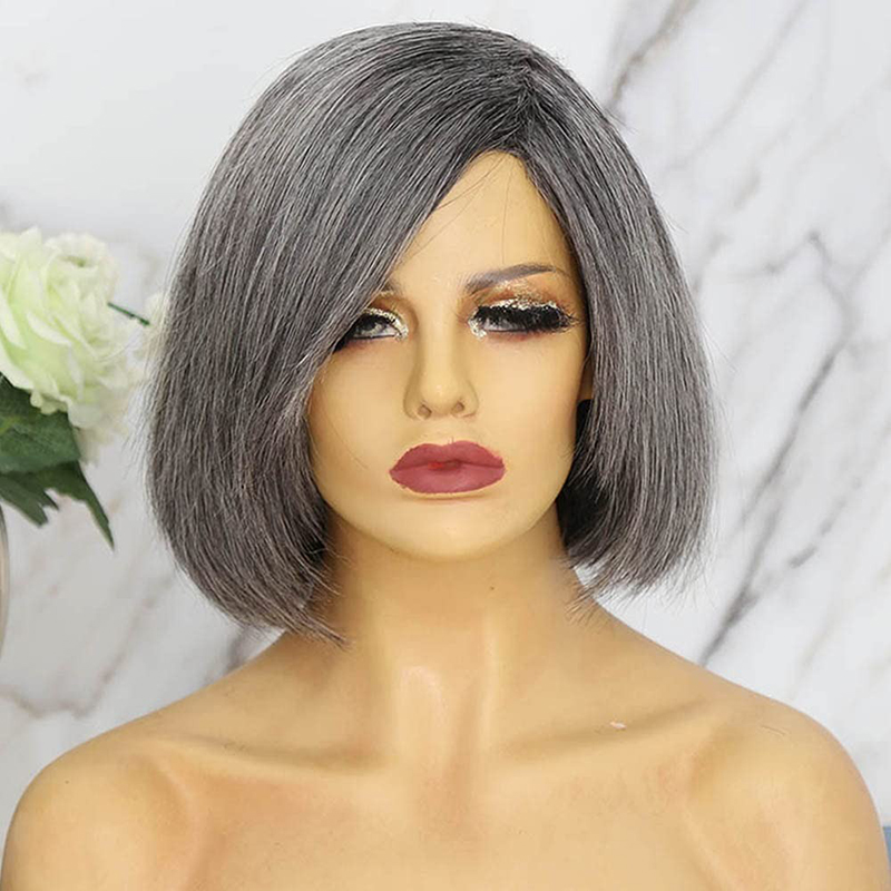 Grey Human Hair Bob Wig Straight Salt and Pepper Hair Wig 10 Inch