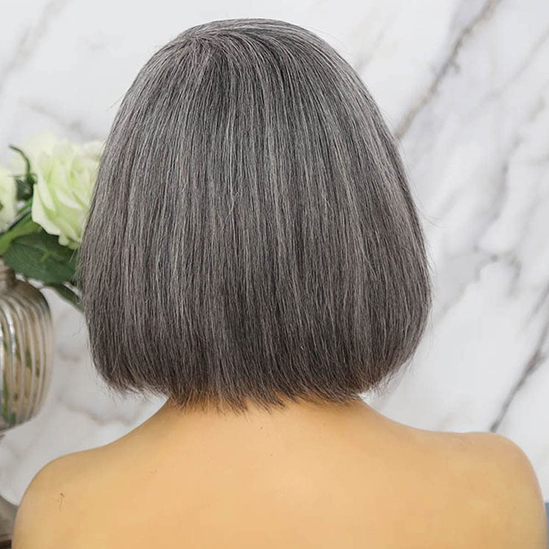 Grey Human Hair Bob Wig Straight Salt and Pepper Hair Wig 10 Inch