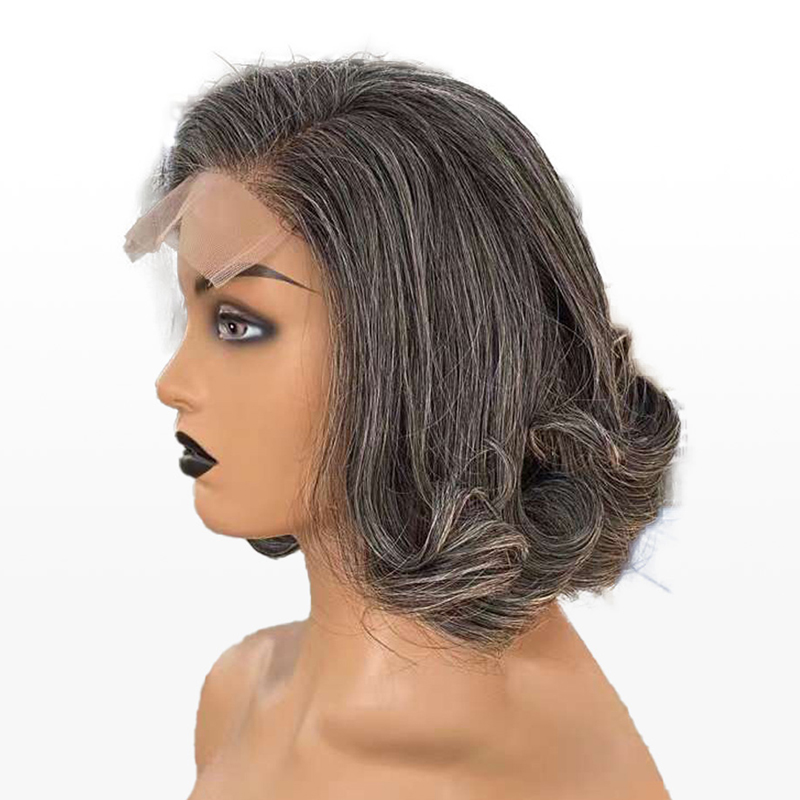 Salt And Pepper Human Hair Short Wave Bob Glueless 5x5 Closure Lace Wig