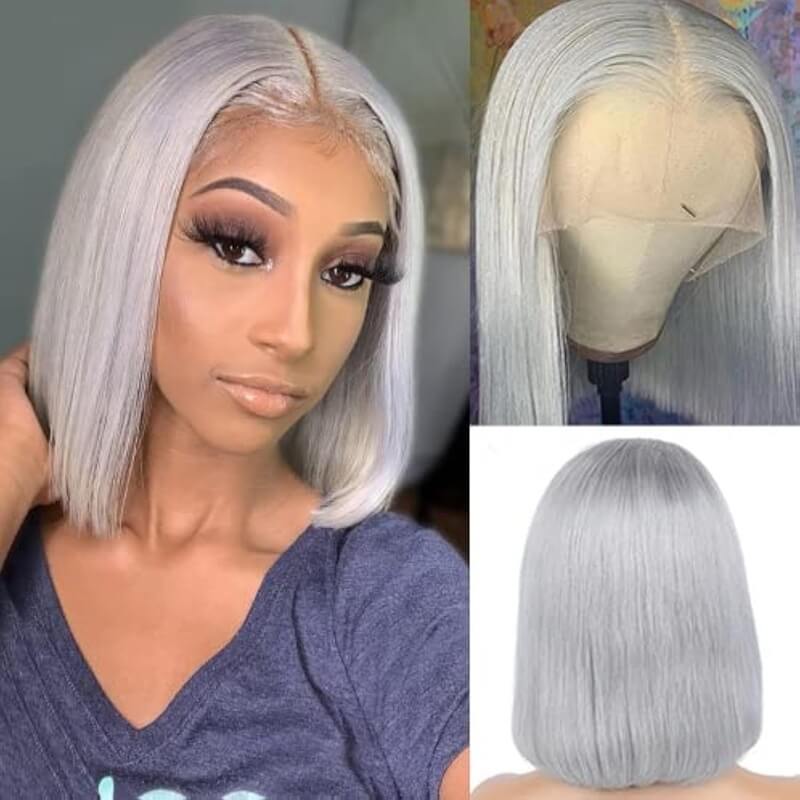 Grey Straight Bob Wig 5X5 HD Lace Closure Glueless Human Hair Wig