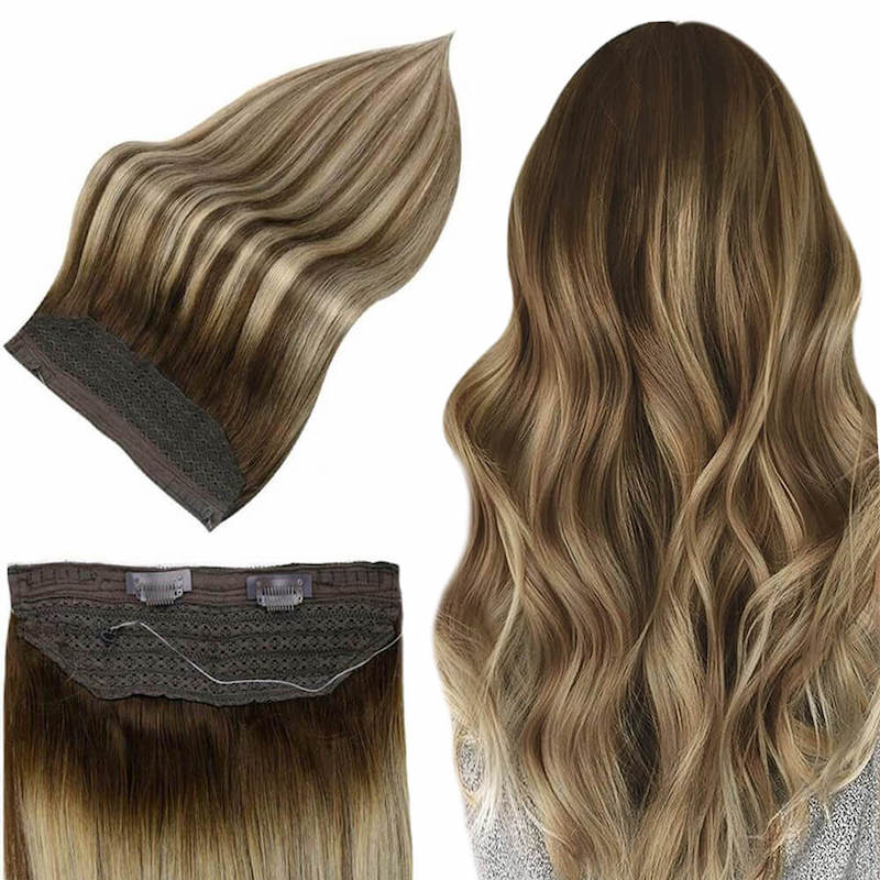 Halo Hair Extensions Brown Highlight Blonde Fish Wire Extensions #4/27/4