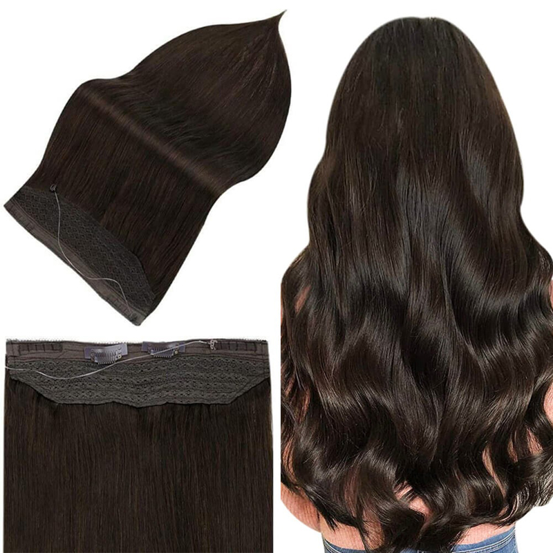Halo Hair Extensions Darkest Brown #2 Invisible Fish Wire Extensions