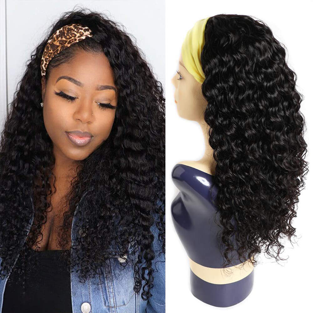 Headband Wig Deep Wave Human Hair Wigs 150% Density Glueless None Lace Wigs
