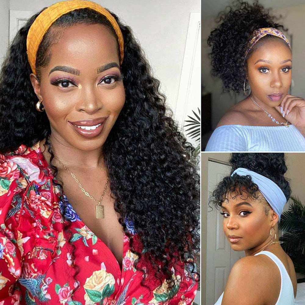 Headband Wig Deep Wave Human Hair Wigs 150% Density Glueless None Lace Wigs