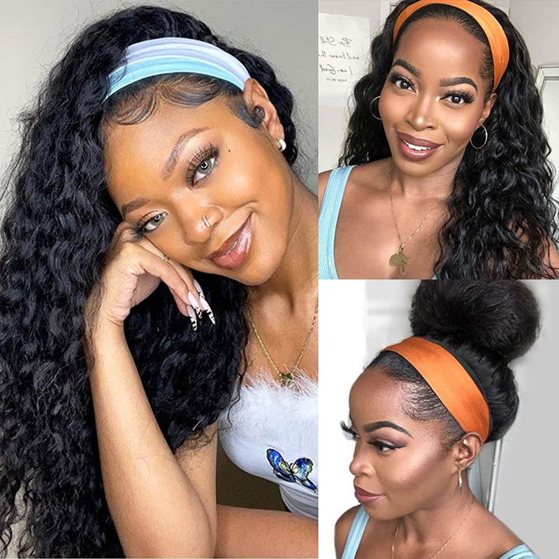 Headband Wig Human Hair Water Wave Glueless None Lace Wigs With Baby Hair