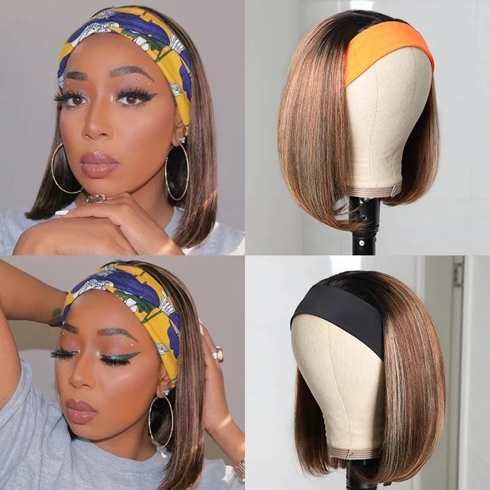 Headband Wigs Ombre Color Straight Short Bob Wigs Human Hair 1BTL412 Color
