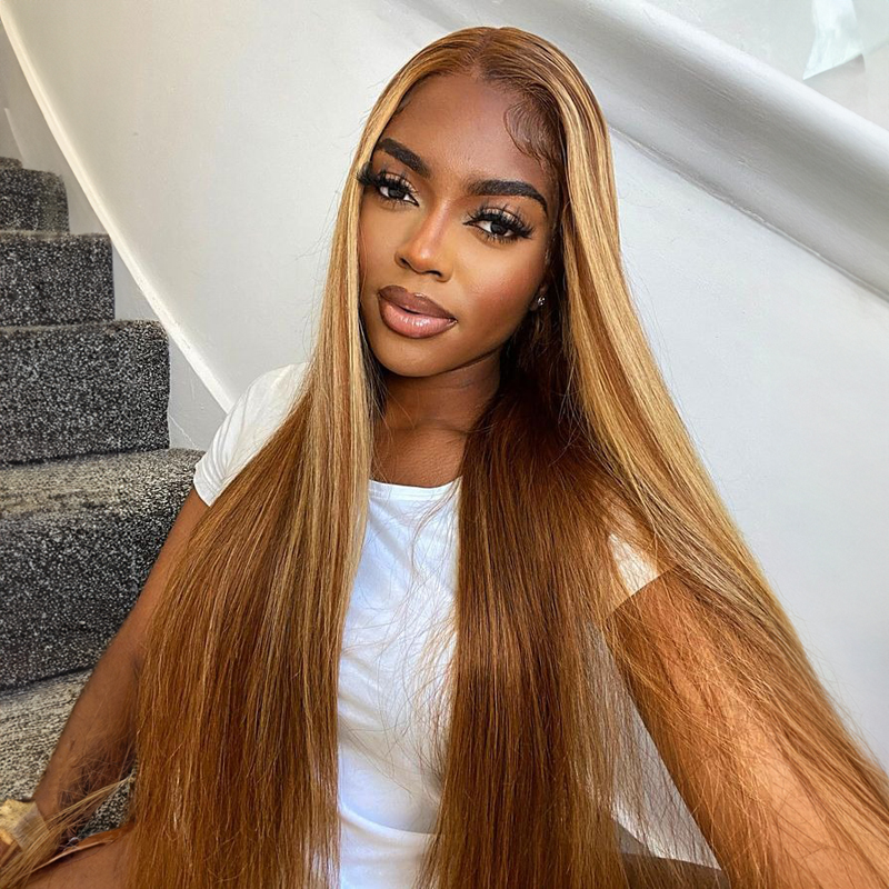 Honey Blonde Brown Highlights 13X4 Lace Front Wig Straight Glueless Wigs