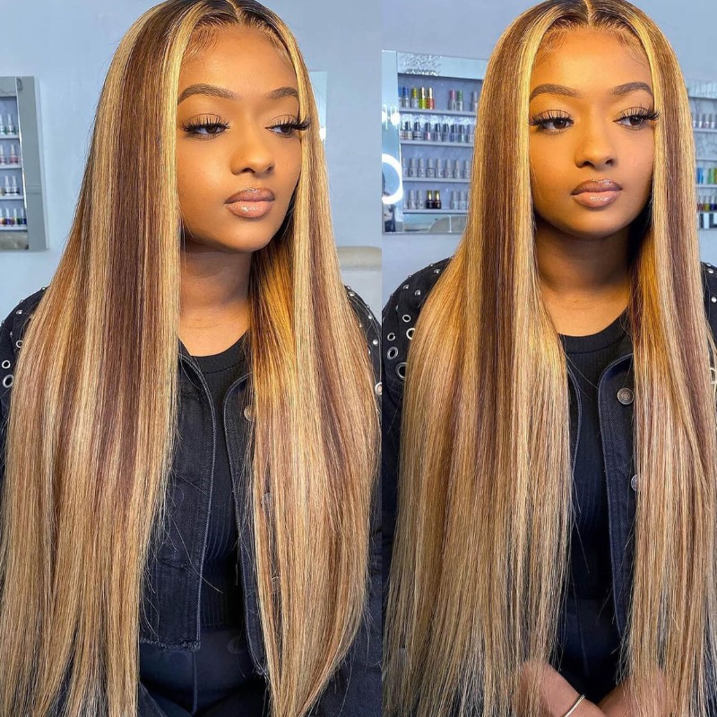 Honey Blonde Brown Highlights 13X4 Lace Front Wig Straight Glueless Wigs