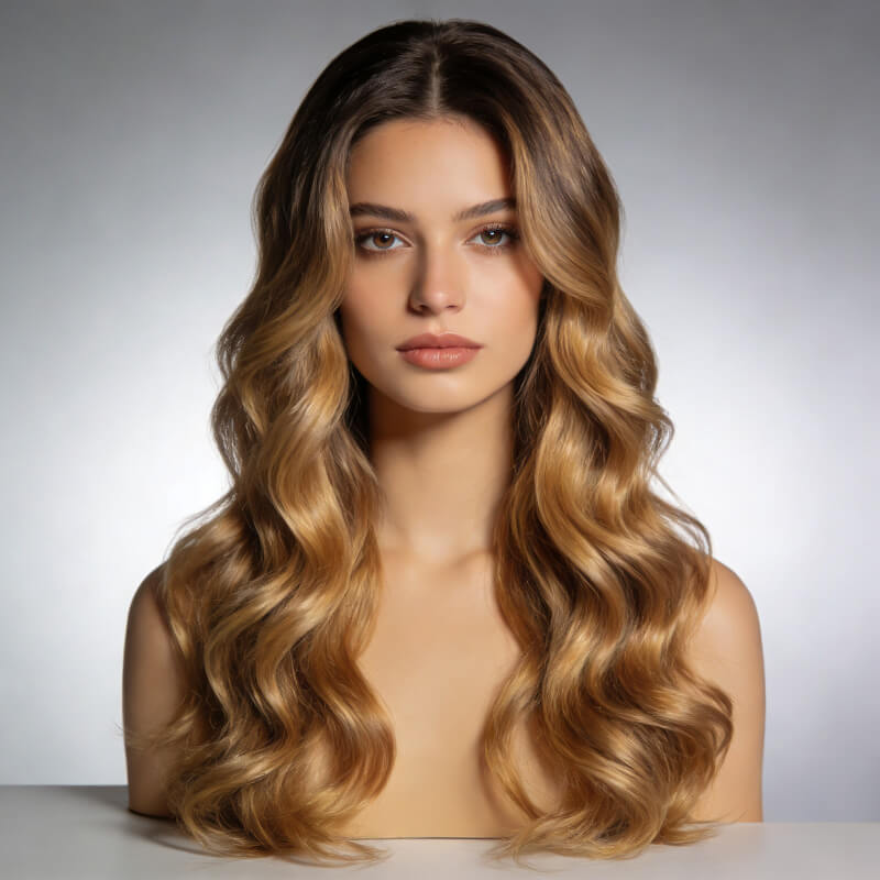 Honey Blonde Wave Wig Black Roots Glueless 13X4 Lace Front Wigs