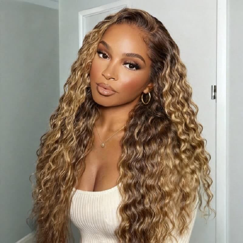 Honey Brown Blonde Highlights 13x4 Parting-max Lace Wig Water Wave Glueless Wig