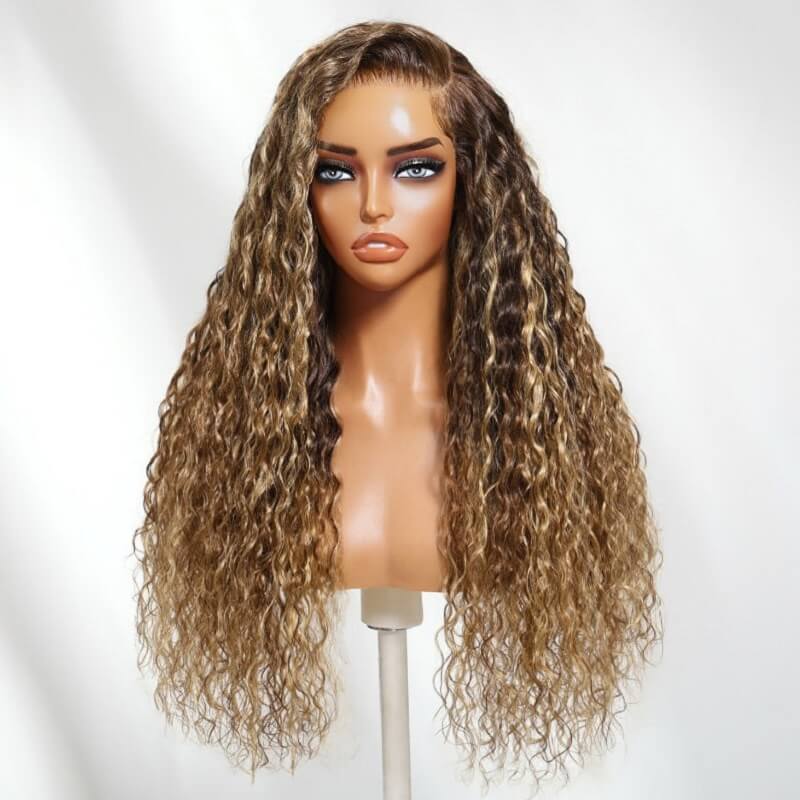 Honey Brown Blonde Highlights 13x4 Parting-max Lace Wig Water Wave Glueless Wig