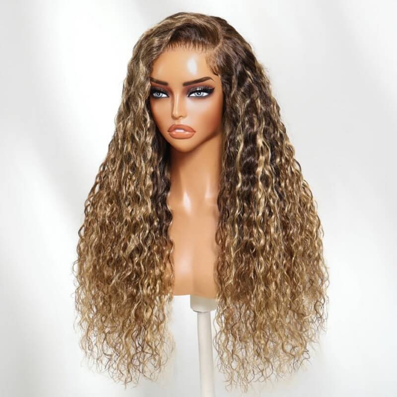 Honey Brown Blonde Highlights 13x4 Parting-max Lace Wig Water Wave Glueless Wig