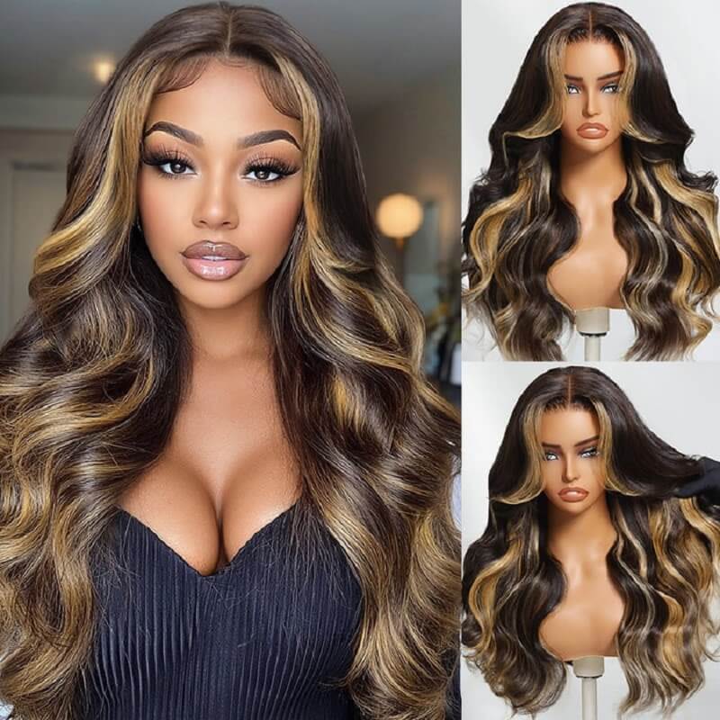 Honey Highlights Body Wave Glueless 13X4 Lace Front Wigs 100% Human Hair