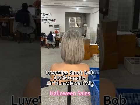 Salt & Pepper Bob Wig With Bangs 5X5 Lace Closure Wig Gray Bob Wigs
