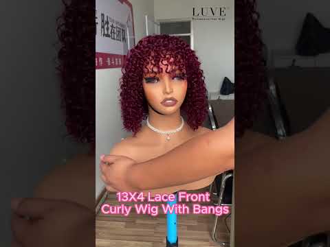 Luve Burgundy|Black Glueless Curly Bob With Bangs 5X5 Lace Closure Wig