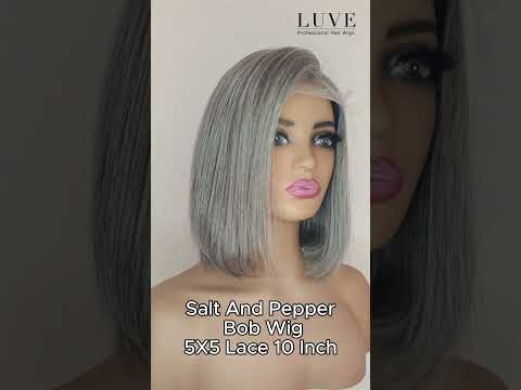Salt And Pepper Human Hair Bob Wigs 180% Density Glueless Grey Wigs