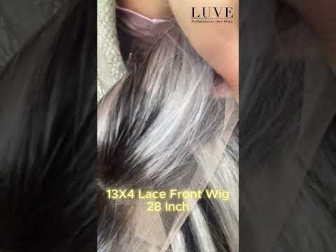 Platinum Blonde Grey Hair Wig Highlights On Black 13X4 Front Lace Wig