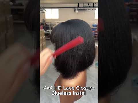 Yaki Straight Bob Wig with Bangs 4X4 HD Lace Closure Glueless Human Hair Wig
