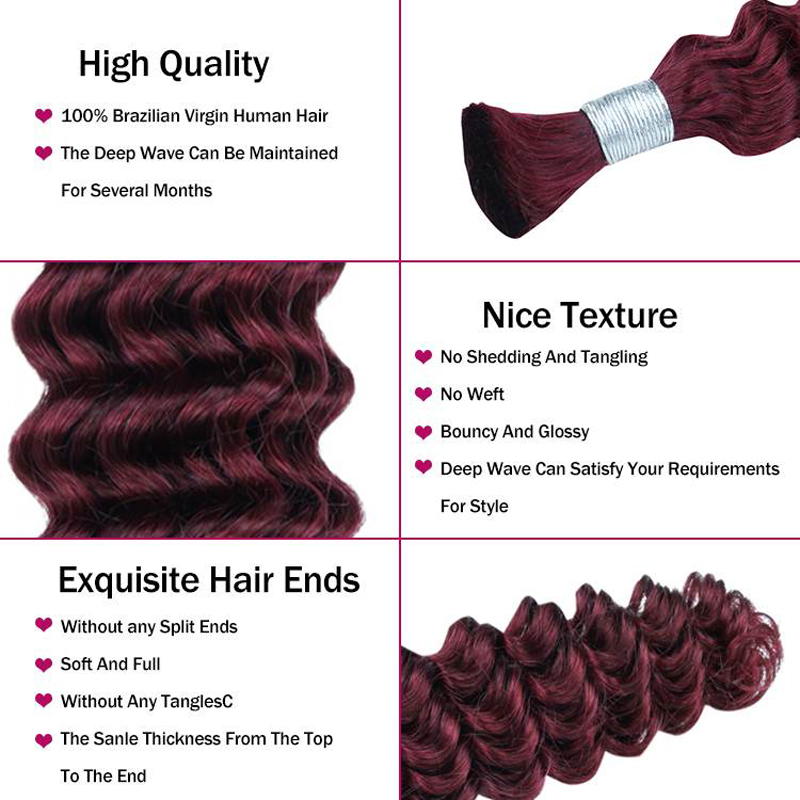 Human Hair #99J Deep Wave Bulk Hair Extensions For Braiding No Weft